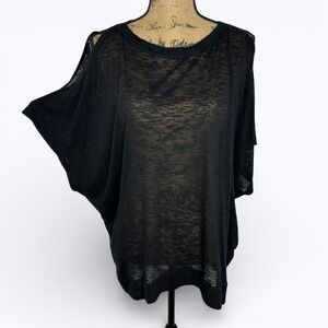 Helmut Lang Black Cold Shoulder Top Dolman Sleeve Burnout Linen Blend Boxy Sz L